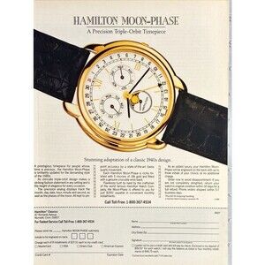Hamilton Moon-Phase Triple Orbit Timepiece "1940's Design" Vintage Print Ad 1989